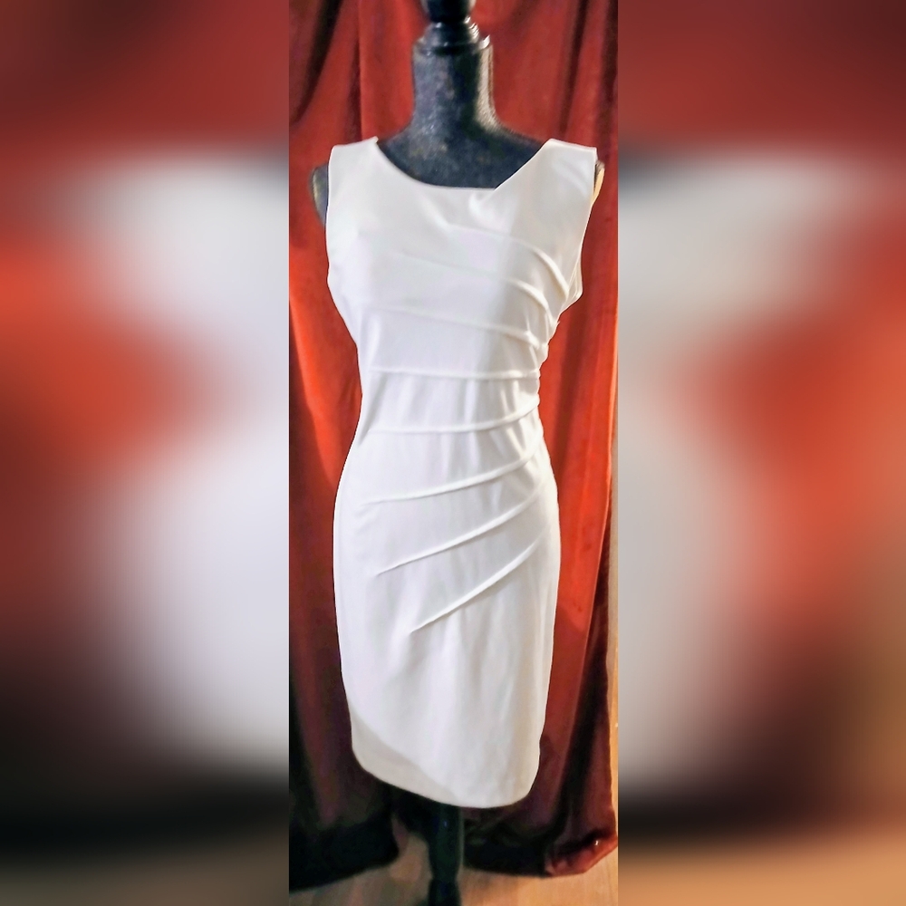 Calvin Klein White Asymmetrical Ruched Midi Dress. Size 10